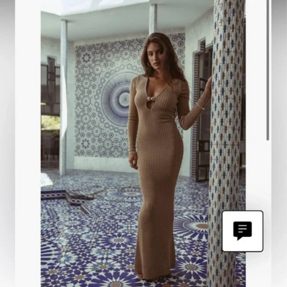 Sol Long Sleeve Sweater Dress Elegant Tan Knit Dress